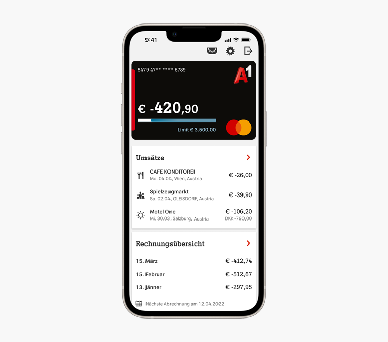 Übersicht in der A1 Mastercard App