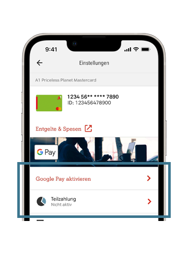 A1 Mastercard App - Google Pay, Apple Pay und Teilzahlung aktivieren