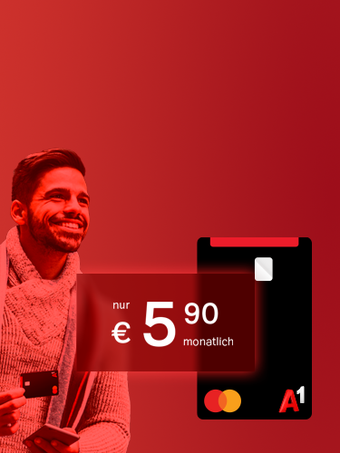 Mann mit A1 Platinum Mastercard vor rotem Hintergrund