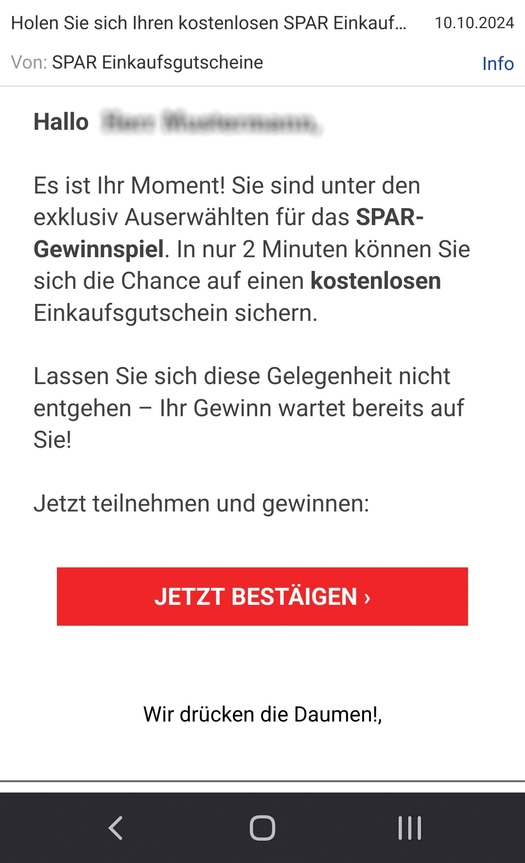 Beispiel betrügerische Nachricht SPAR