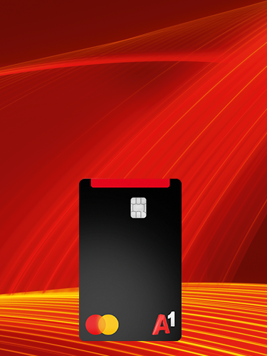 A1 Platinum Mastercard vor Hintergrund rote A1 Welle